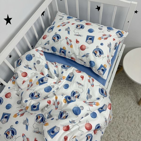 Сатиновый комплект постельного белья для детской кровати 120х60 см Oh My Kids "Космос" (пододеяльник 120х90 см) голубой