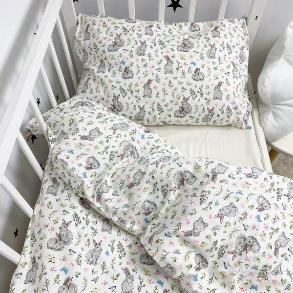 Постільний комплект у дитяче ліжечко 120х60 см Oh My Kids "Зайчики" молочний