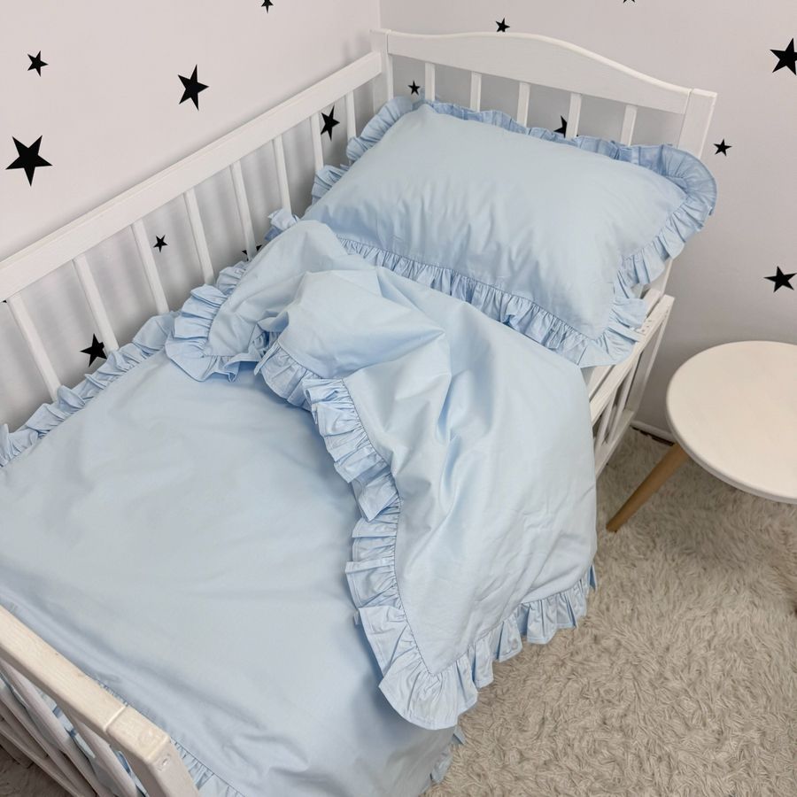 Натуральна постільна білизна з рюшами однотонна для ліжка 160х80 см з підковдрою 140х110 см Oh My Kids &laquo;Light Blue&raquo; ранфорс
