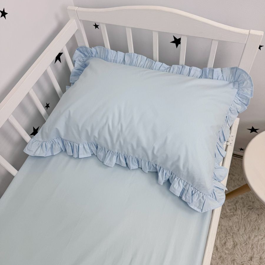 Натуральна постільна білизна з рюшами однотонна для ліжка 160х80 см з підковдрою 140х110 см Oh My Kids &laquo;Light Blue&raquo; ранфорс